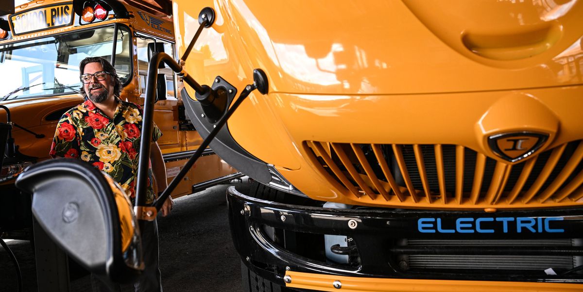 Tim Morgan, operations director for transportation at West Valley School District, talks about the new electric school buses on Wednesday. (Kathy Plonka/The Spokesman-Review)