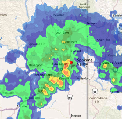 Thunderstorms lined up to cross the Spokane area Tuesday morning.