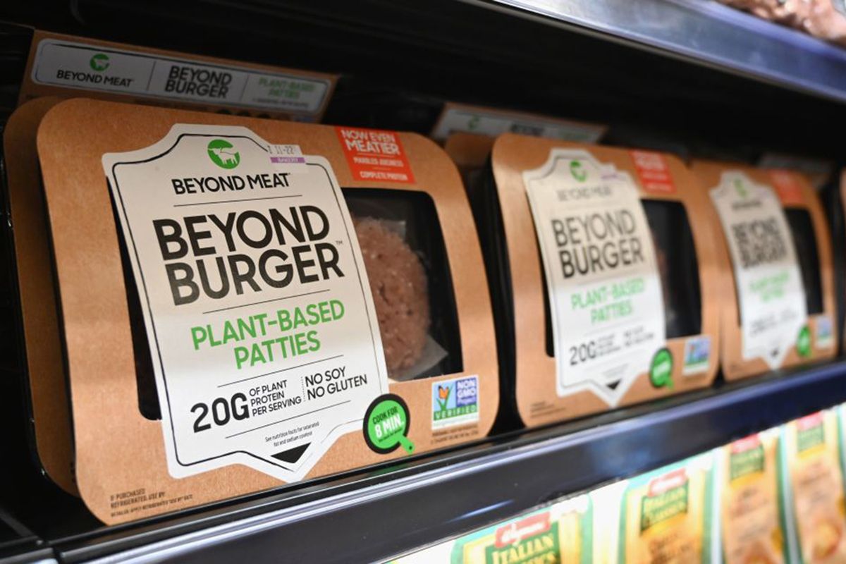 Beyond Meat and Beyond Burger patties made from plant-based substitutes for meat products sit on a shelf for sale on Nov.15, 2019, in New York City.  (Angela Weiss/Getty Images )