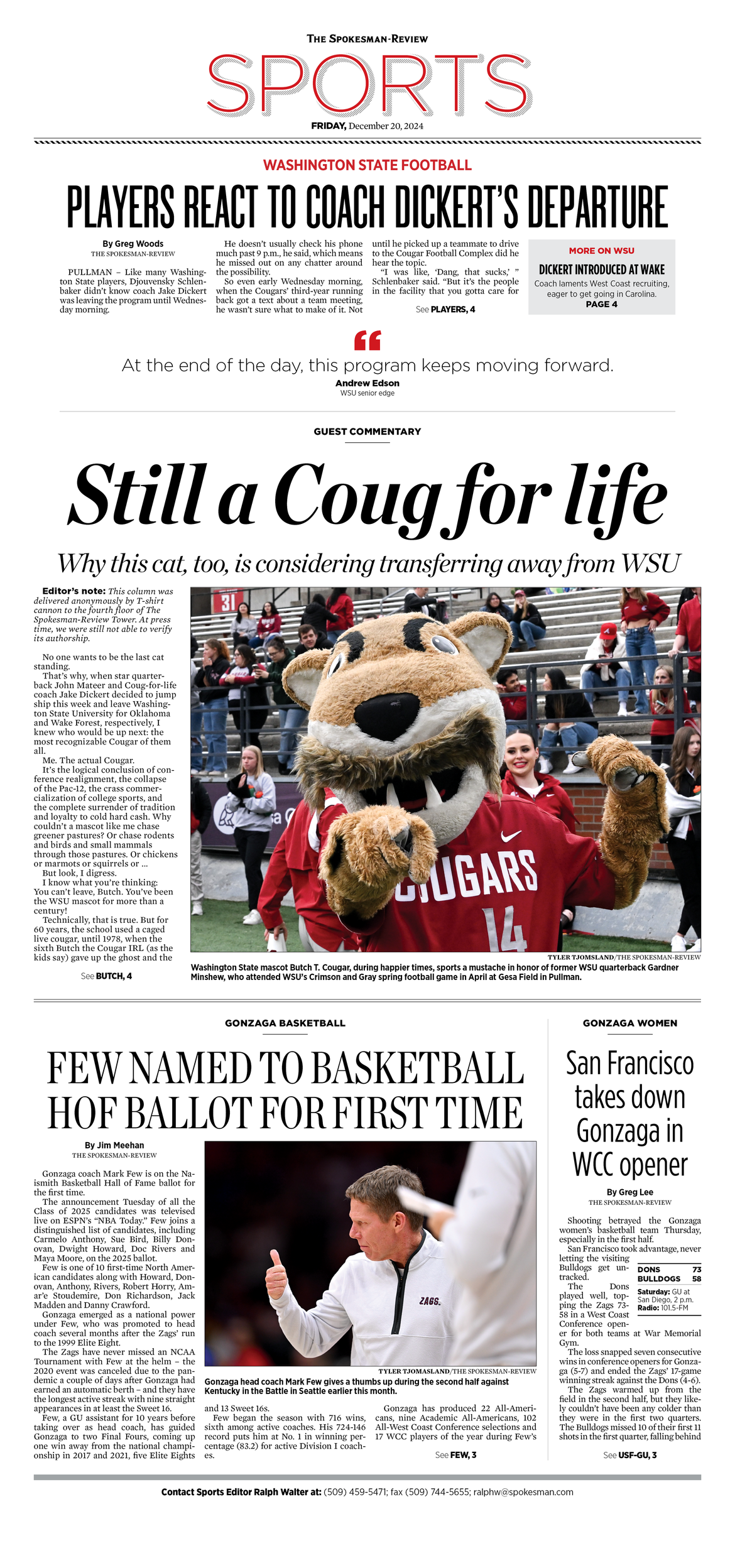 Sports Front Page for Dec. 20, 2024 The SpokesmanReview