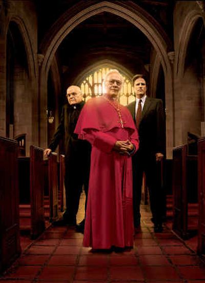 
Actors Brian Dennehy, left, as Father Spagnolia, Christopher Plummer, center, as Cardinal Law, and Ted Danson as Mitchell Garabedian, star in the Showtime premium channel's film, 