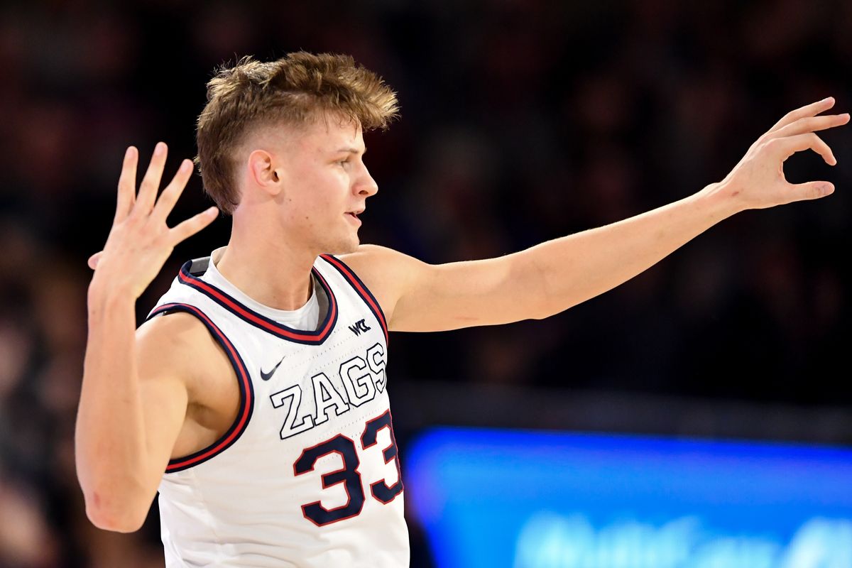 Gonzaga’s Ben Gregg celebrates after hitting a 3-pointer during the first half against Santa Clara at the McCarthey Athletic Center.  (By Tyler Tjomsland/The Spokesman-Review)