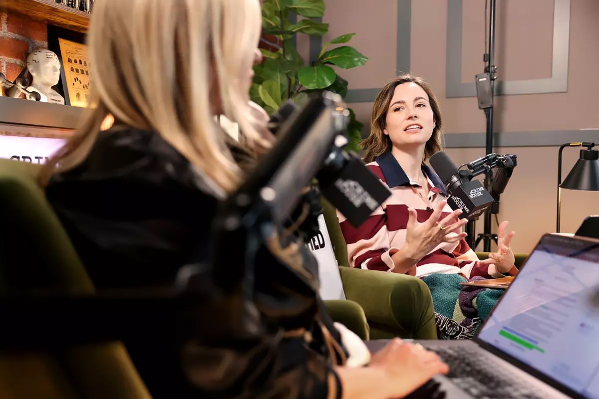 Morgan Absher, left, and Kaelyn Moore, right, record “Clues” podcast at Pave Studios.  (Christina House/Los Angeles Times/TNS)