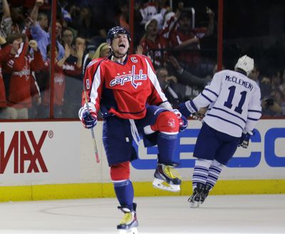 Washington’s Alex Ovechkin celebrates league-leading 28th goal. (Associated Press)
