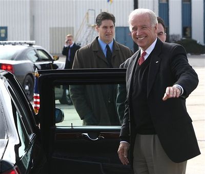 Vice President Joe Biden arrives in Boise to attend the Special Olympics pairs figure skating competition and visit with athletes on Thursday, Feb. 12, 2009. Biden is leading a delegation to the 2009 Special Olympics World Winter Games in Boise, Idaho.  (Matt Cilley / AP Photo)