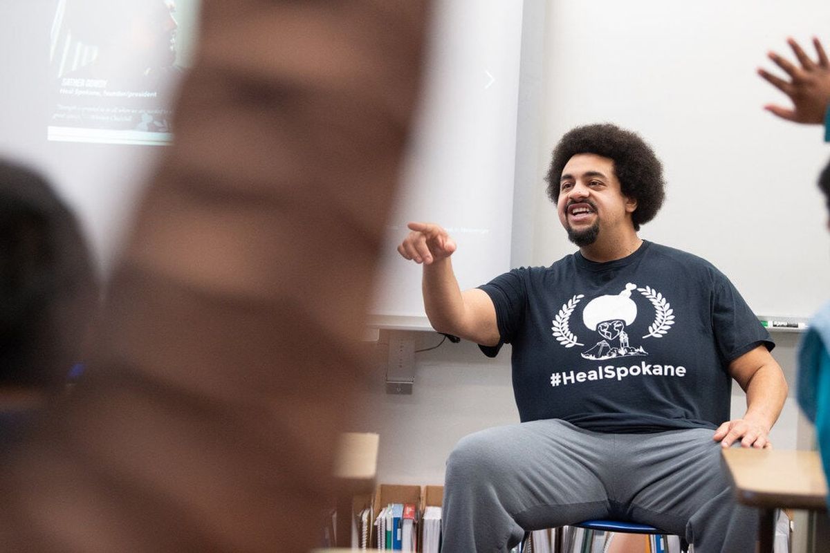 John “Sather” Gowdy, founder of the nonprofit Heal Spokane, speaks to a group of sixth-graders at Stevens Elementary in 2018. Gowdy faces a first-degree theft charge related to his management of Heal Spokane’s funds. (Jesse Tinsley/The Spokesman-Review)