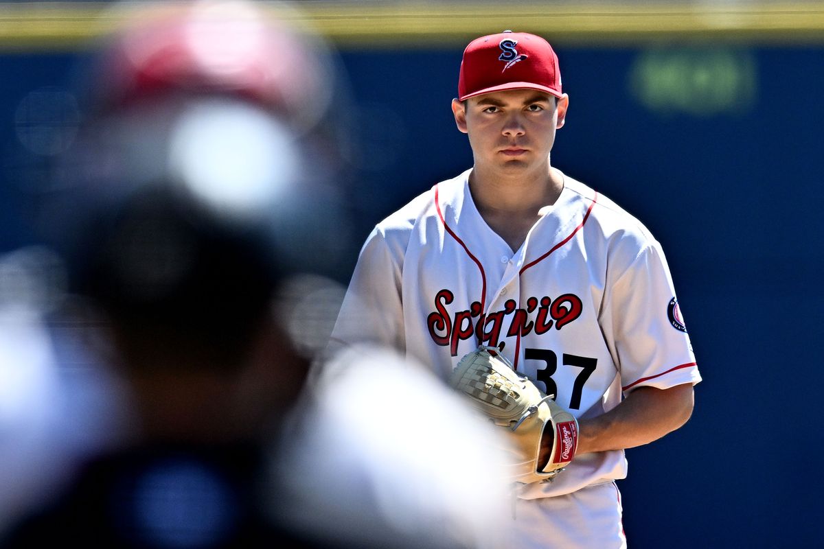Spokane Indians starting pitcher Jackson Cox looks for the sign from catcher Alan Espinal against the Tri-City Dust Devils on May 5, 2026 at Avista Stadium. (James Snook)