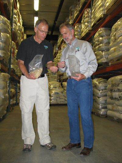 Steve Ellis, deputy director of the U.S. Bureau of Land Management, left, and Tim Murphy, Idaho state BLM director examine some of the native seeds stored at a giant seed warehouse in Boise, as they kick off a new 