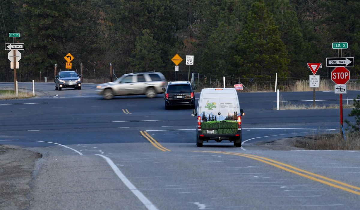 Car traffic is seen negotiating the intersection between Highway 2 and Colbert Road on Wednesday, November 7, 2018, near Colbert, Wash. The Highway 2-Colbert Road intersection had 16 crashes between 2013 and 2017. (Tyler Tjomsland / The Spokesman-Review)