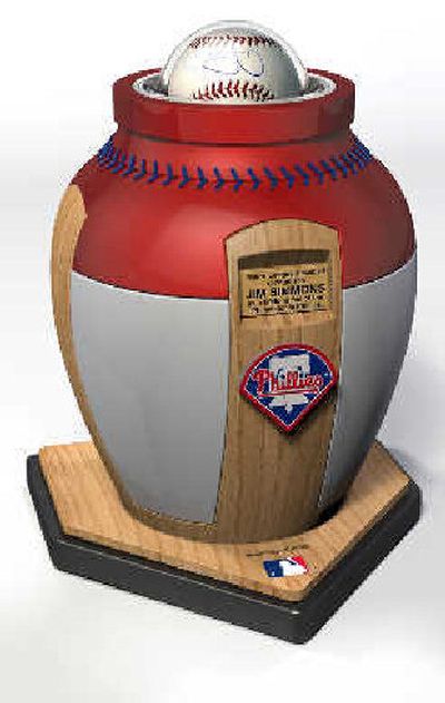 A rendering shows a Philadelphia Phillies logo on a funeral urn. 
 (Associated Press / The Spokesman-Review)
