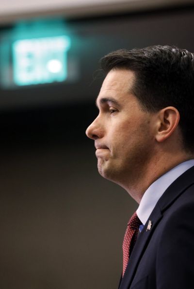 Wisconsin Gov. Scott Walker speaks at a news conference today in Madison, Wis., where he announced that he is suspending his Republican presidential campaign. (AP Photo/Morry Gash)