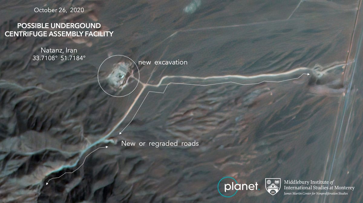 This Monday, Oct. 26, 2020, satellite image from Planet Labs Inc. that has been annotated by experts at the James Martin Center for Nonproliferation Studies at Middlebury Institute of International Studies shows construction at Iran