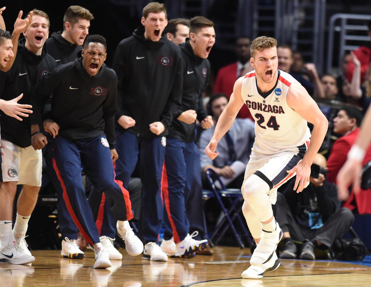 Gonzaga’s Corey Kispert reacts after scoring during the second half of a 2018 Sweet 16 loss to Florida State. (Tyler Tjomsland / The Spokesman-Review)
