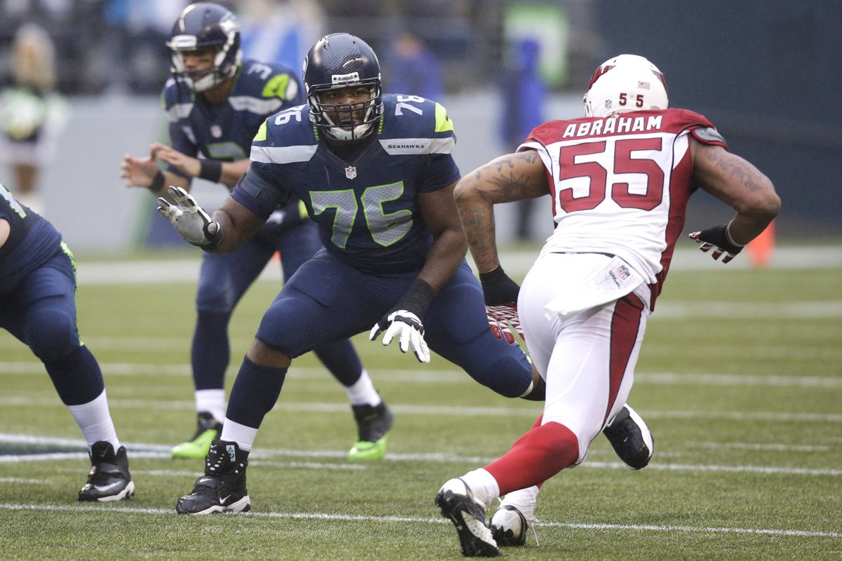 The Seahawks hope that left tackle Russell Okung (76) is ready to return for Sunday’s home game against the New York Giants. (Associated Press)