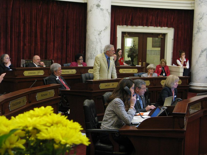 Sen. Dan Schmidt, D-Moscow, presents the Medicaid budget to the Senate late on Thursday afternoon; the bill passed on a 29-5 vote. (Betsy Z. Russell)