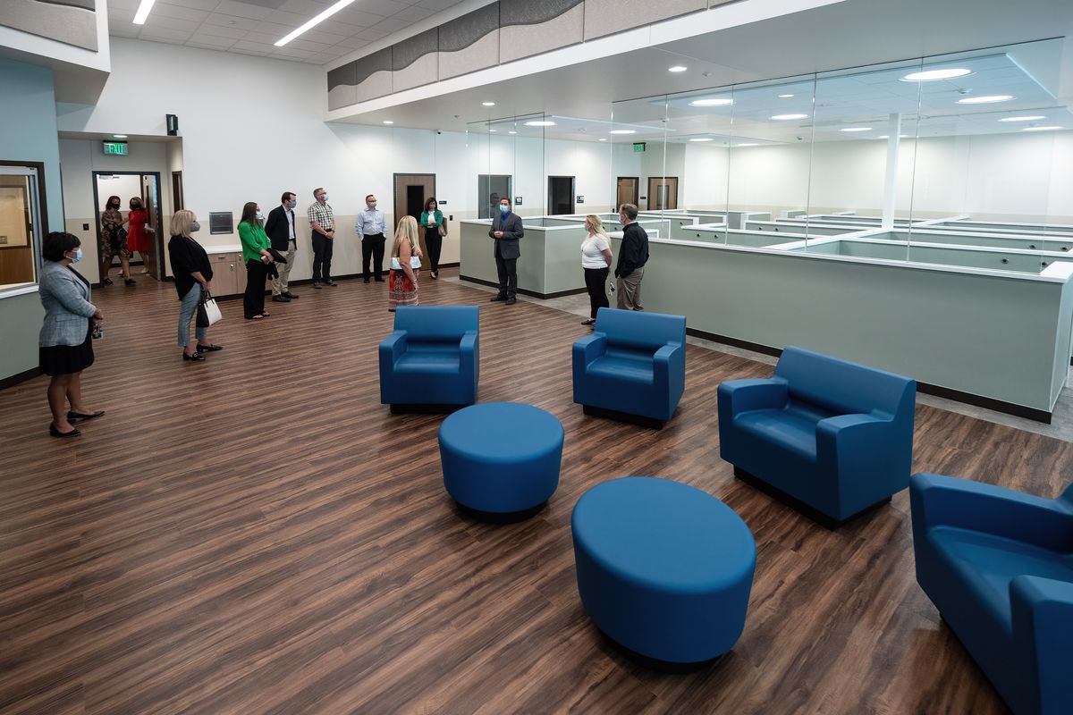 Community leaders receive a tour of the new Spokane Regional Stabilization Center run by Pioneer Health Services on Monday. The facility will be Spokane County’s first true pre-booking jail diversion option for eligible individuals.  (COLIN MULVANY/THE SPOKESMAN-REVIEW)