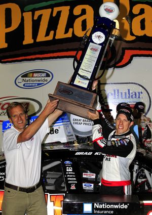 Brad Keselowski, driver of the #22 Discount Tire Ford, celebrates after winning the NASCAR Nationwide Series U.S. Cellular 250 Presented by Enlist Weed Control System at Iowa Speedway on August 3, 2013 in Newton, Iowa. (Photo by Sean Gardner/Getty Images) (Sean Gardner / Getty Images North America)