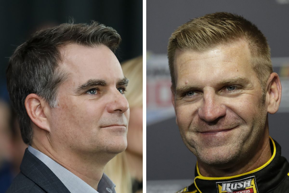 FILE – At left is a 2019 file photo showing Jeff Gordon. At right is a 2020 file photo showing Clint Bowyer. Nearly nine years after the four-time champion and the funniest guy in the garage were involved in one of the most infamous on-track paybacks in NASCAR history, the former rivals are now good friends and eager to share the Fox broadcast booth in 2021.  (FRE)