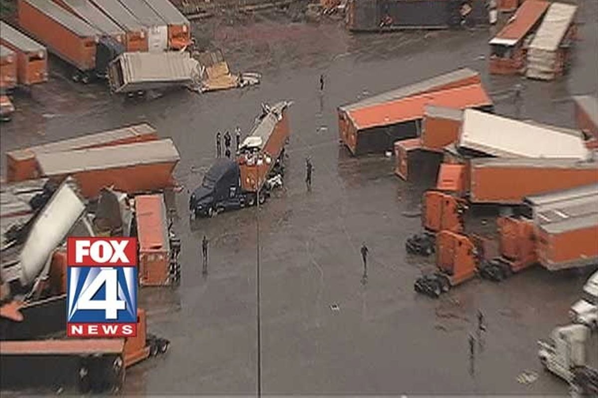 This frame grab shows tornado damage at the Flying J truck Tuesday, March 3, 2012, in  Lancaster, Texas.  Several tornadoes tore through the Dallas area on Tuesday. (KDFW-TV)