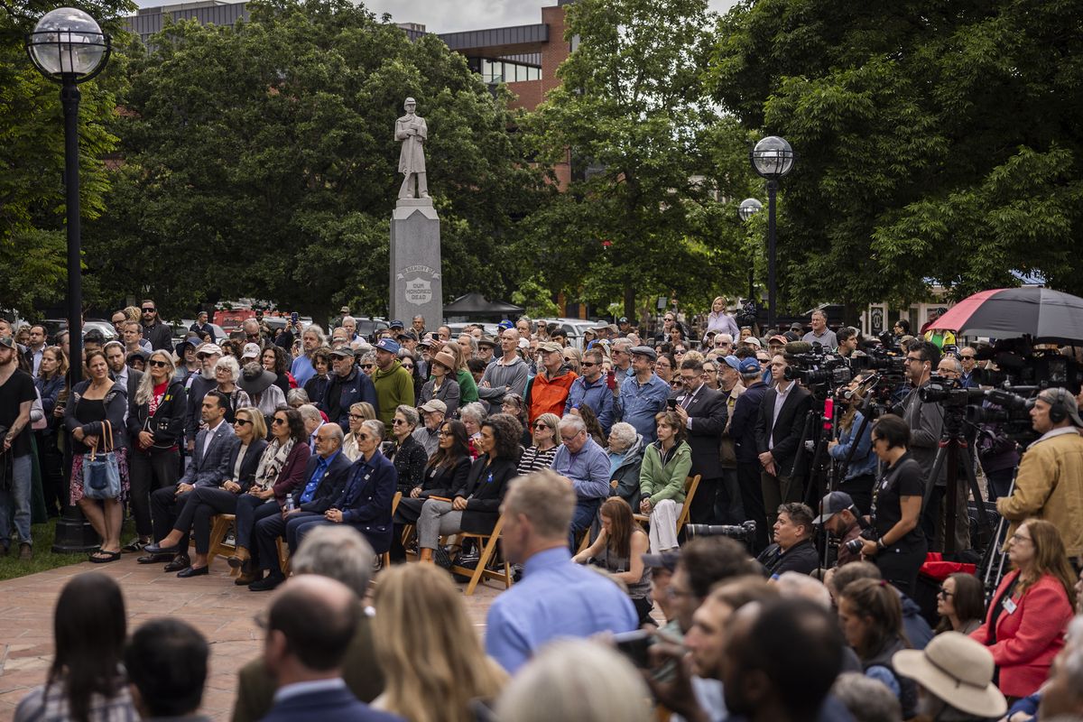 People attend a community gathering at the site of an attack against a group people holding a vigil for kidnapped Israeli citizens in Gaza in Boulder, Colorado, on Wednesday, June 4, 2025. (Chet Strange/AFP/Getty Images/TNS)  (Chet Strange/AFP/Getty Images North America/TNS)