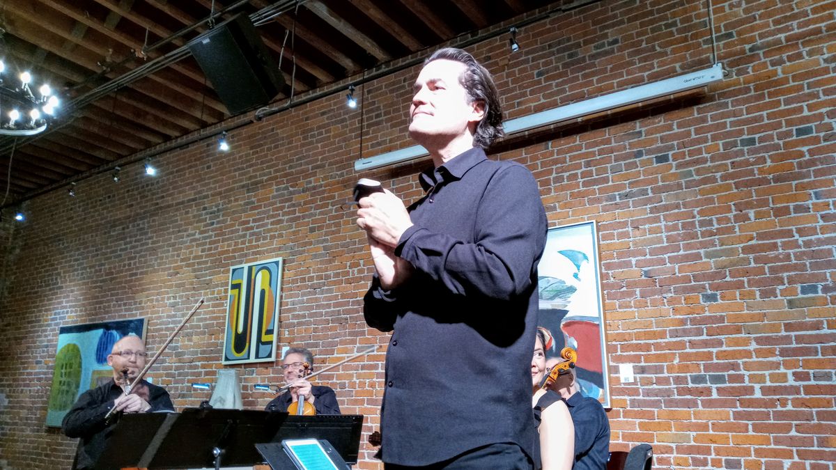 Zuill Bailey, Northwest BachFest musical director, addresses the audience at Barrister Winery on Saturday night.  (Larry Lapidus/For The Spokesman-Review)