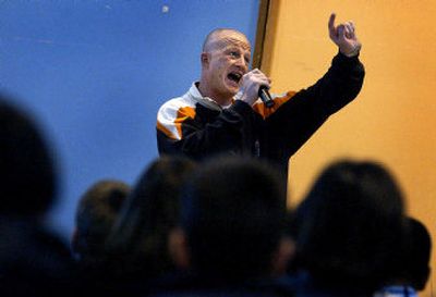 
Scoob Serious, a motivational speaker, ex-convict, ex-gang memberand rapper, performed at Bancroft Center on Tuesday. The rapper spoke out against violence and gangs while performing at various Spokane Public Schools this week. 
 (Jed Conklin / The Spokesman-Review)