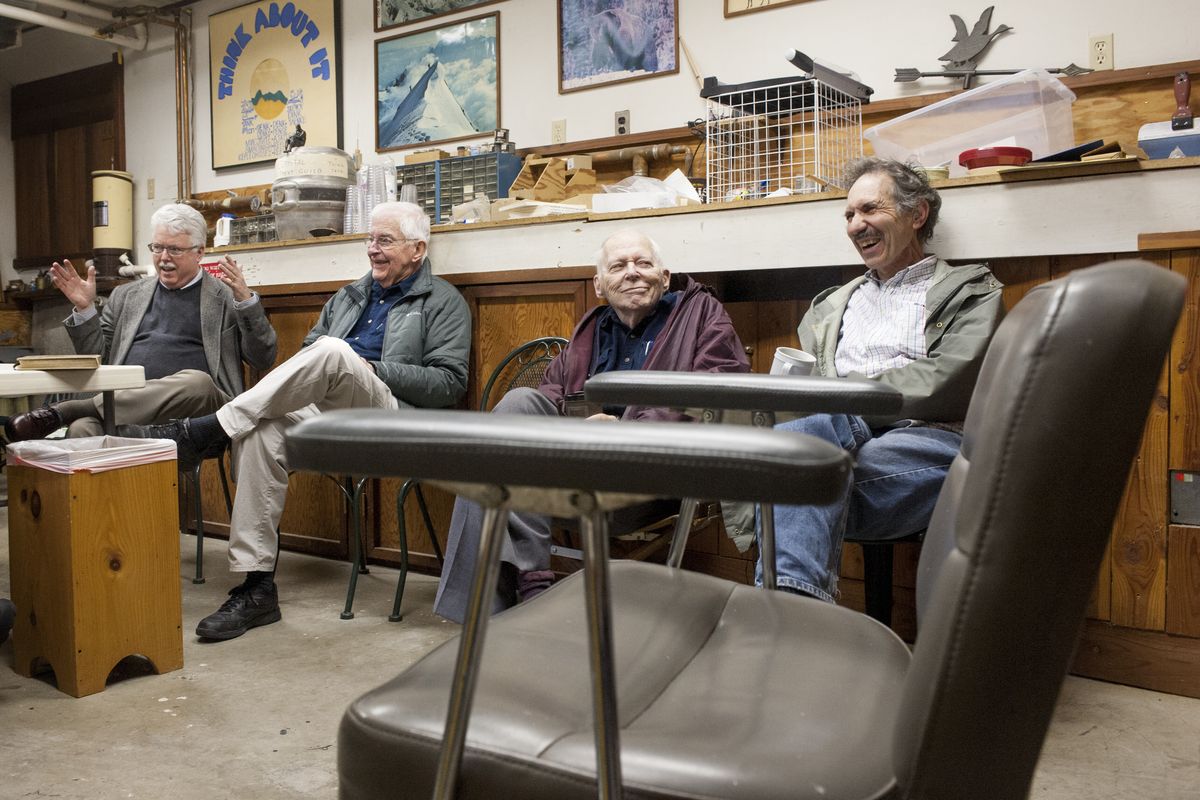 From left, Tom Westbrook’s son Mark Westbrook; longtime friend Bill Powell; younger brother the Rev. J. Severyn Westbrook (Rev. Sev); and longtime friend Verne Windham reminisce about Westbrook on Wednesday in his converted shed. (Tyler Tjomsland)