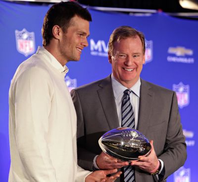 Patriots quarterback Tom Brady, left, and NFL commissioner Roger Goodell will meet in a less cheery situation. (Associated Press)