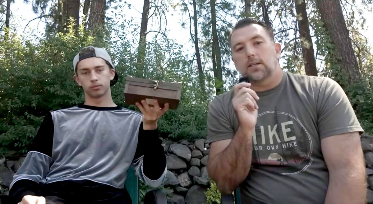 Nathan Coleman and his 15-year-old son, Jackson, describe how they found the $10,000 prize hidden under an “x” spray painted on ground in Rockford on Sunday. (Wyze)
