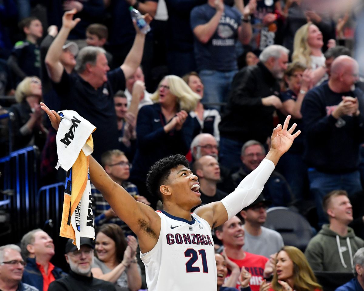 Gonzaga Bulldogs forward Rui Hachimura (21) celebrates a  Gonzaga three pointer against the Baylor Bears during the first half of a second round mens basketball game in the NCAA Tournament against the Baylor Bears on Saturday, March 23, 2019, at Vivint Smart Home Arena in Salt Lake City, Utah. (Tyler Tjomsland / The Spokesman-Review)