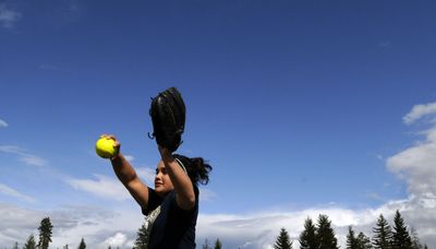 Timberlake softball player Afton Allred practices Tuesday at the school in Spirit Lake. Allred will join her older sister, former Timberlake player Kala Allred, on the Cleveland State University softball team next year. (Kathy Plonka / The Spokesman-Review)