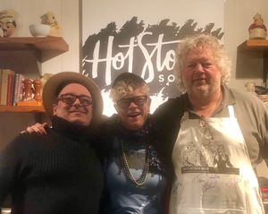Chef in the Hat, Thierry Rautureau, and Tom Douglas, the hosts of Seattle Kitchen visit with Leslie Kelly about traveling the country in an RV.  (Sarah Leibowitz)