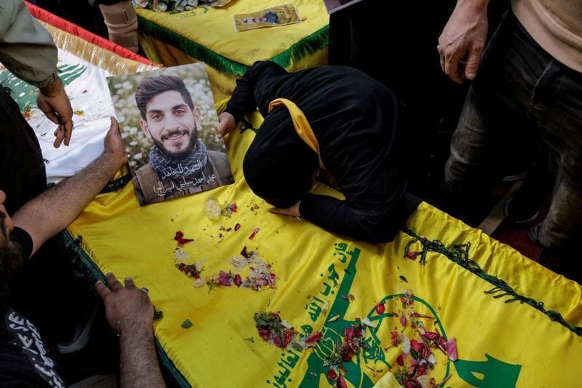 Aida Abou Khalil mourns her son, Mohamed Ahmed Seblini, a Hezbollah fighter killed during the conflict with Israel, during his funeral, amid a 10-day ceasefire between Lebanon and Israel, on April 21, in Qlaileh, Southern Lebanon. (Reuters )