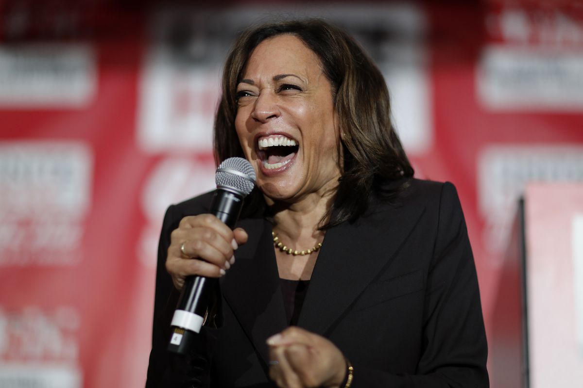Then-Democratic presidential candidate Sen. Kamala Harris, D-Calif., reacts on Nov. 8 as she speaks at a town hall event at the Culinary Workers Union in Las Vegas.  (John Locher)
