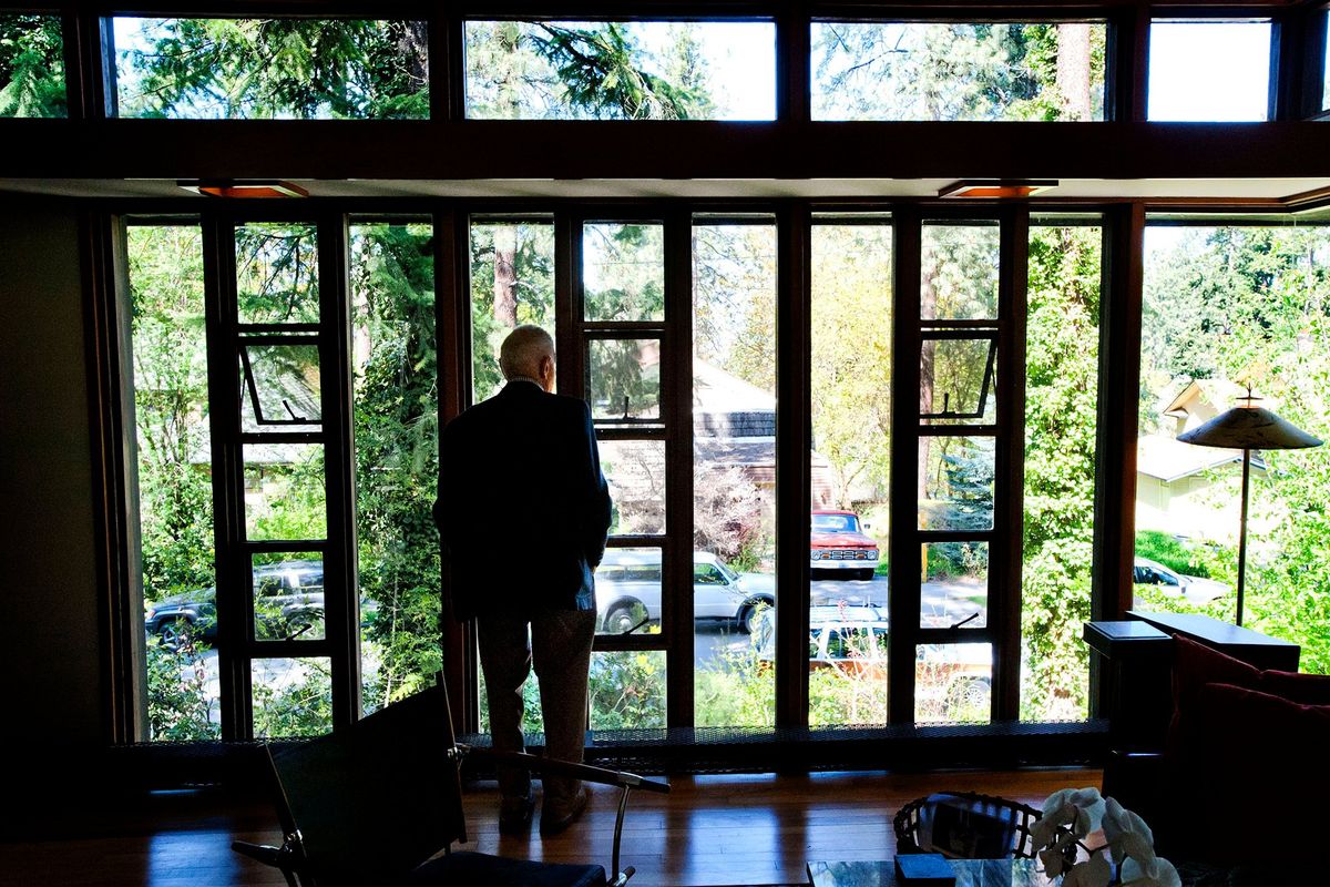 Architect Warren C. Heylman stands in the South Hill home he designed in the early fifties on Thursday, May 2, 2013, in Spokane, Wash. Heylman, who also designed the downtown Parkade and the Spokane Airport said he tried to use light to his advantage in his designs.  (Tyler Tjomsland/THE SPOKESMAN-REVIEW)