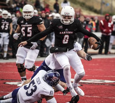 With a chance to take the lead, Eastern Washington quarterback Gage Gubrud (8) tries to make it into the end zone but is stopped by Weber State linebacker Auston Tesch (53) during the second half of a college football game, Sat. Nov. 4, 2017, in Cheney Wash. The Eagles had to settle for a field goal. Colin Mulvany/THE SPOKESMAN-REVIEW (Colin Mulvany / The Spokesman-Review)