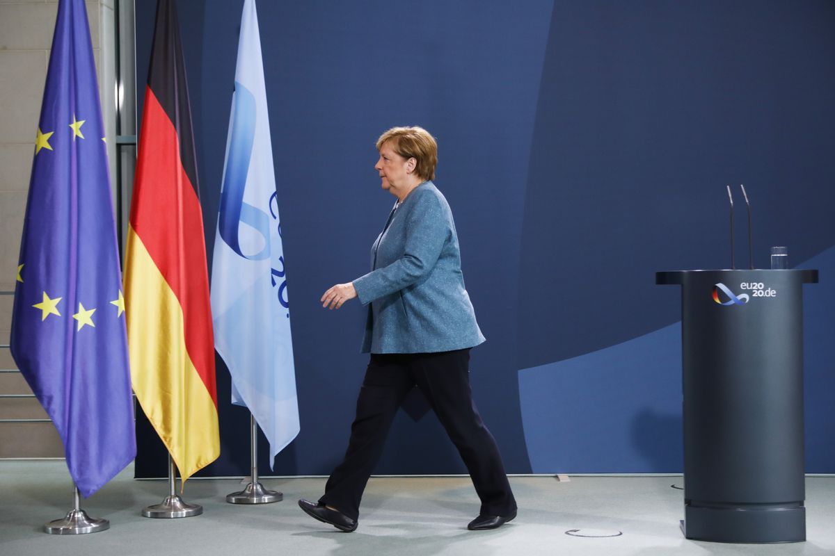 German Chancellor Angela Merkel leaves after a statement about latest developments in the case of Russian opposition leader Alexei Navalny at the chancellery in Berlin, Germany, Wednesday, Sept. 2, 2020.Germany. Russian opposition leader Alexei Navalny was the victim of an attack and poisoned with the Soviet-era nerve agent Novichok, the German government said Wednesday, Sept. 2, 2020 citing new test results.  (Markus Schreiber)