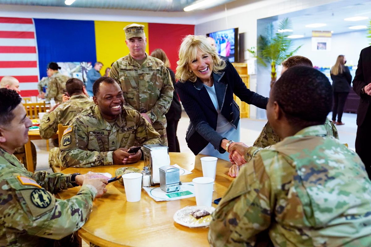 First lady Jill Biden meets U.S. troops during a visit to the Mihail Kogalniceanu Air Base in Romania, Friday, May 6, 2022.  (Susan Walsh)