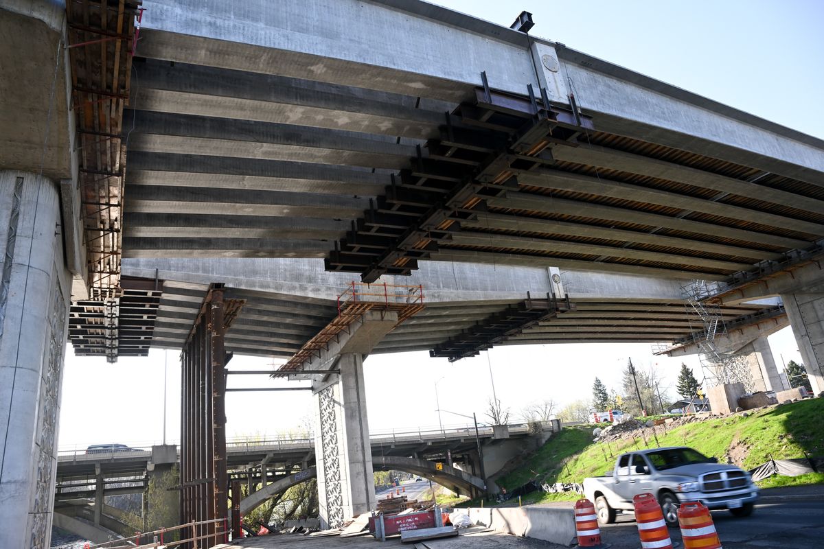 Progress on the North Spokane Corridor’s Spokane River crossing is photographed on Friday in Spokane. East Central residents will have a chance Wednesday to weigh in on the artistic design for the Interstate 90 interchange. (Tyler Tjomsland/The Spokesman-Review)