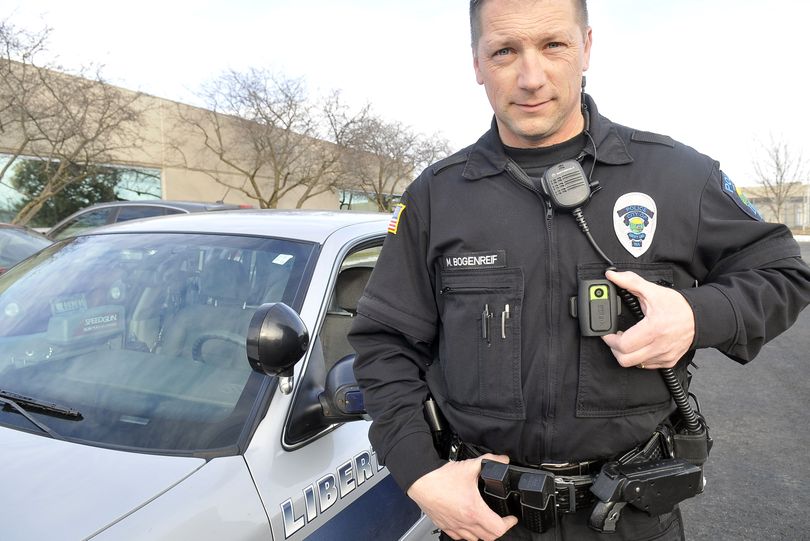 Liberty Lake Police Officer Mike Bogenreif shows the body camera he used during his shift Jan. 27. (Jesse Tinsley)