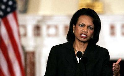 
Secretary of State Condoleezza Rice speaks at the State Department in Washington, D.C., on Wednesday about the nuclear standoff with Iran. 
 (Associated Press / The Spokesman-Review)