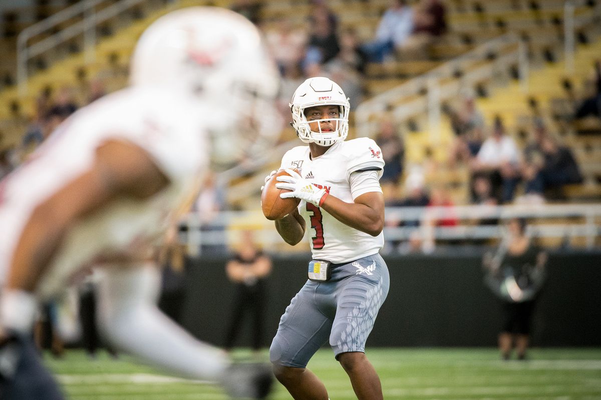 Eastern Washington quarterback Eric Barriere looks for passing options during a Sept. 21, 2019, game against Idaho in Moscow, Idaho.  (Libby Kamrowski/The Spokesman-Review)