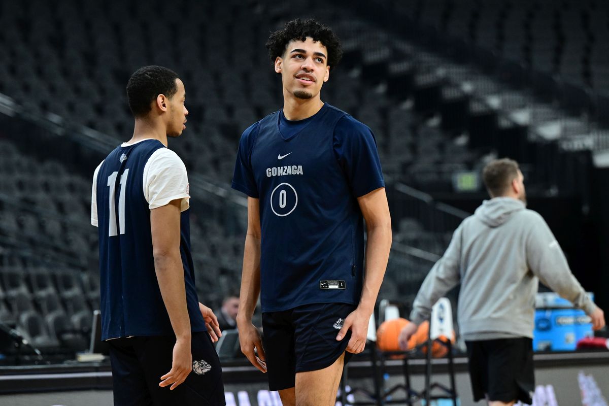 Gonzaga guard Julian Strawther smiles during a practice on Wednesday, preparing for the Bulldogs’ Sweet 16 game Thursday against UCLA at T-Mobile Arena in Las Vegas.  (Tyler Tjomsland / The Spokesman-Review)