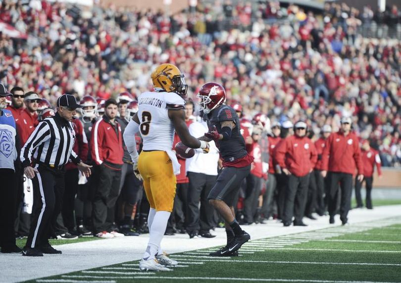 WSU receiver Gabe Marks (9) reacts after an official blew a whistle prematurely on a play against Arizona State during the first half of a Pac-12 college football game on Saturday, Nov 7, 2015, at Martin Stadium in Pullman, Wash. (Tyler Tjomsland / The Spokesman-Review)