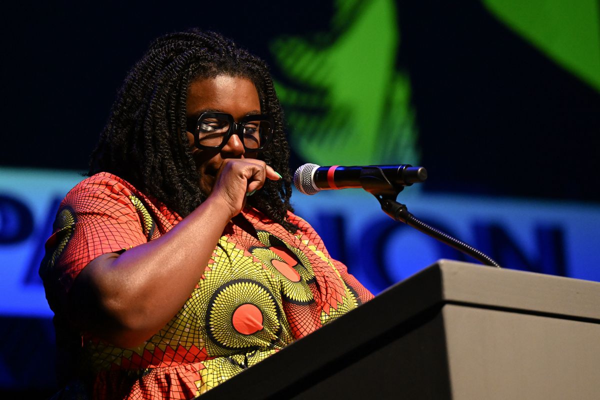 Kiantha Duncan, Spokane NAACP president and friend of Sandy Williams reacts on during the celebration of life for Sandy Williams on Tuesday, Sept. 13, 2022, at the Interstate Center of the Arts in Spokane, Wash.  (Tyler Tjomsland/The Spokesman-Review)