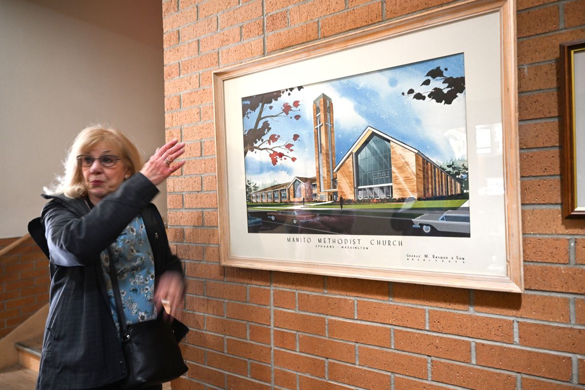 Wendy Budge talks about a plan many decades ago to tear down and replace Manito Methodist Church with a midcentury modern building seen in this architect’s rendering on May 8, but that plan was stopped by a rift in the congregation.  (Jesse Tinsley/The Spokesman-Review)