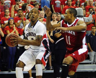 EWU’s Cliff Colimon, right, defends against GU’s Marquise Carter in the first half of Friday night’s season opener. (Associated Press)