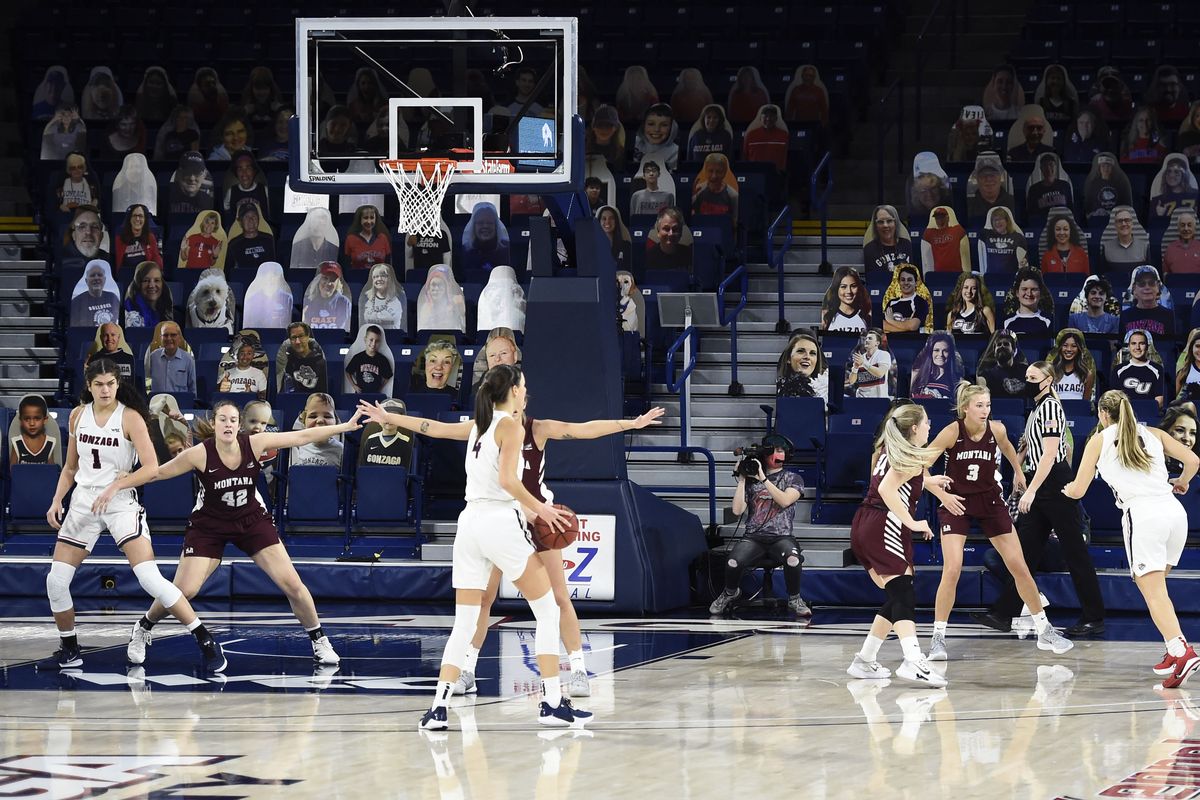 Cardboard cutouts line the baseline at the McCarthey Athletic Center on Dec. 13 for Gonzaga’s 58-51 victory over Montana.  (James Snook/For The Spokesman-Review)