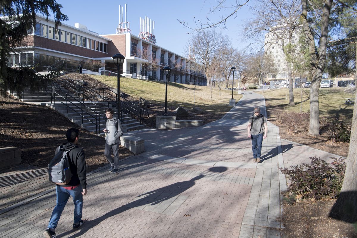 Washington lawmakers have allocated $67 million for a new science building that will replace this sloping walkway beside the old science building, left, on the campus of Eastern Washington University, shown Friday, Feb. 9, 2018. (Jesse Tinsley / The Spokesman-Review)