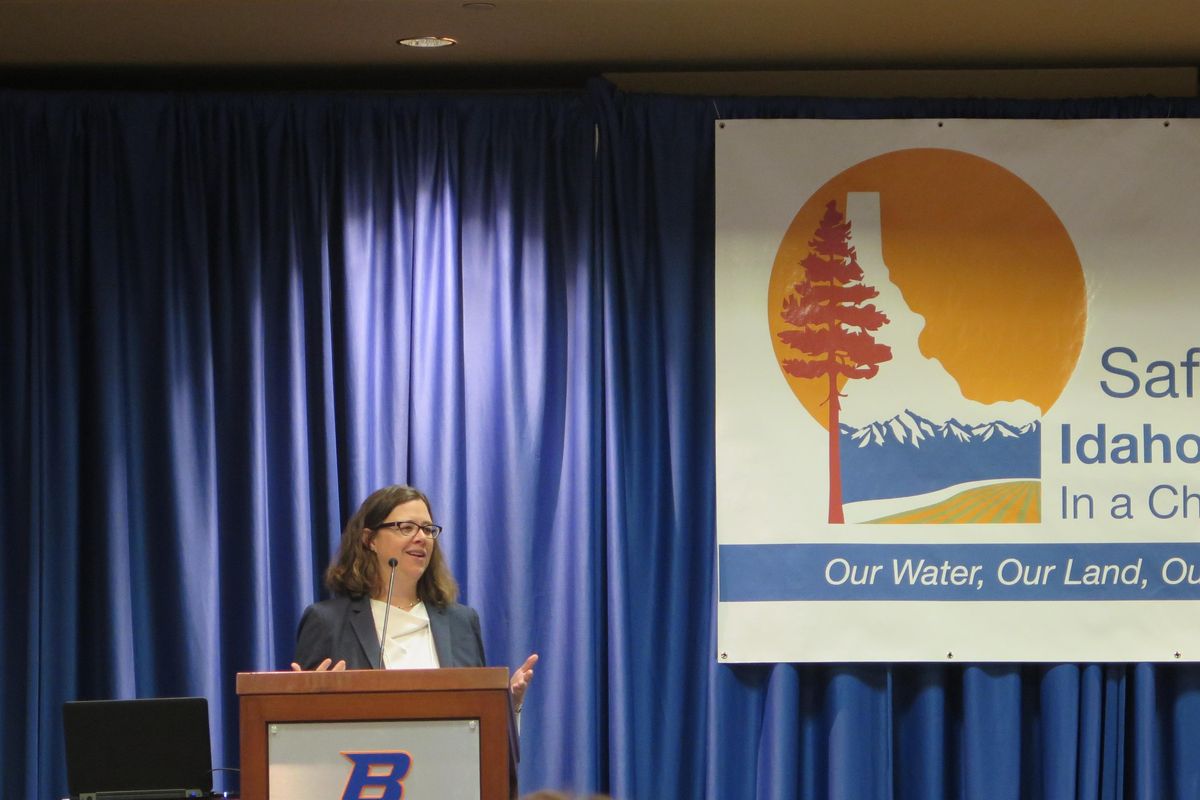 Kate Gordon of the Paulson Institute, keynote speaker, addresses an Idaho climate summit on Thursday, Nov. 16, 2017 at Boise State University. (Betsy Z. Russell / SR)